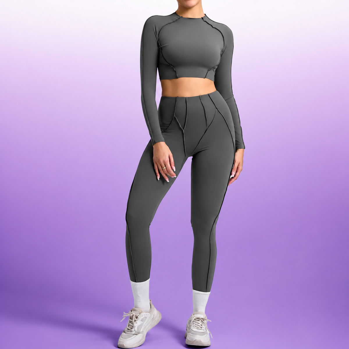Women's Sculpting Activewear Set – Long Sleeve Crop Top & High-Waisted Leggings |