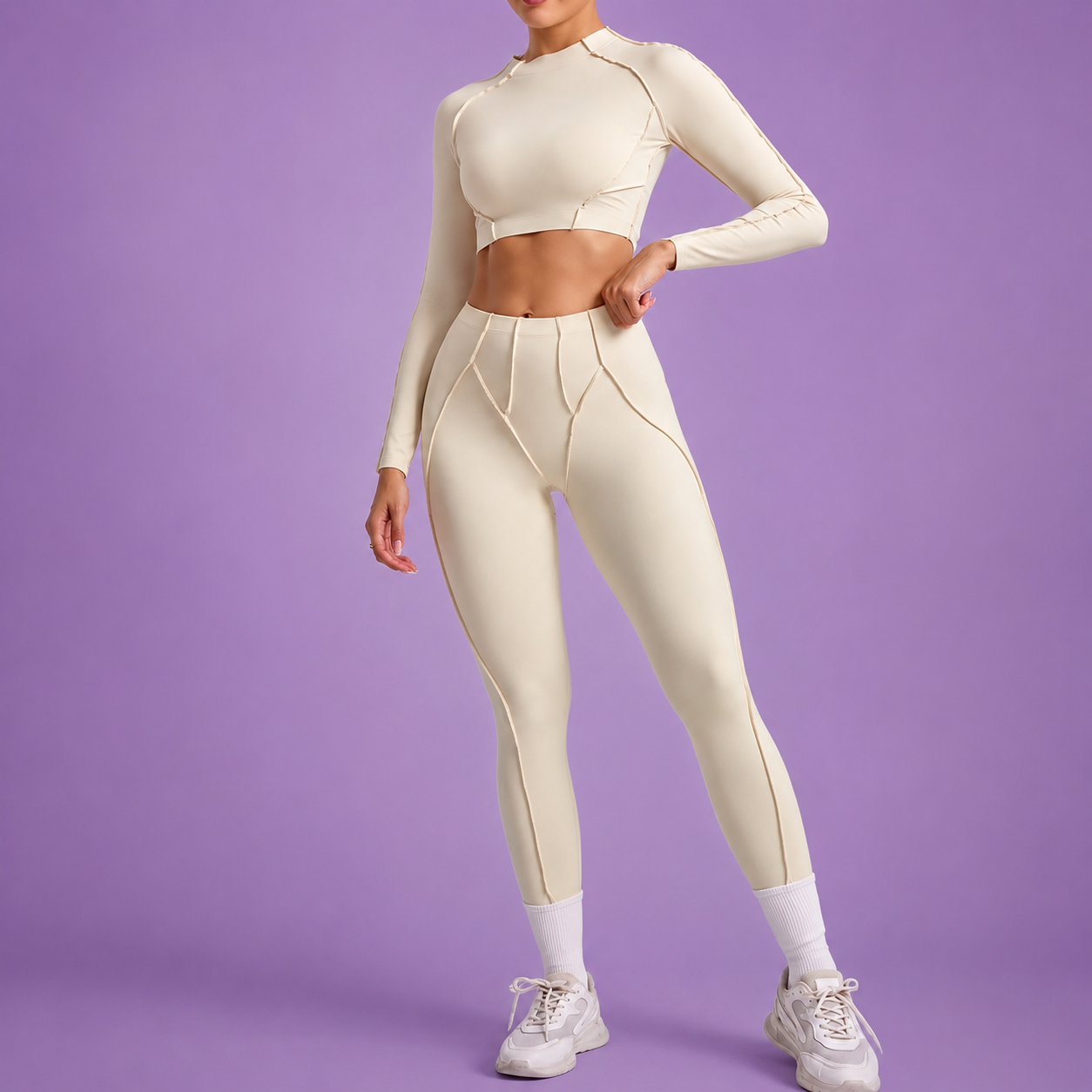 Women's Sculpting Activewear Set – Long Sleeve Crop Top & High-Waisted Leggings |
