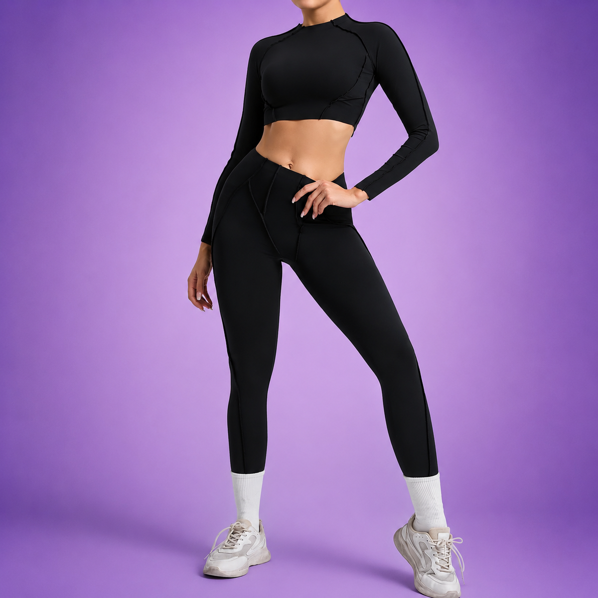 Women's Sculpting Activewear Set – Long Sleeve Crop Top & High-Waisted Leggings |