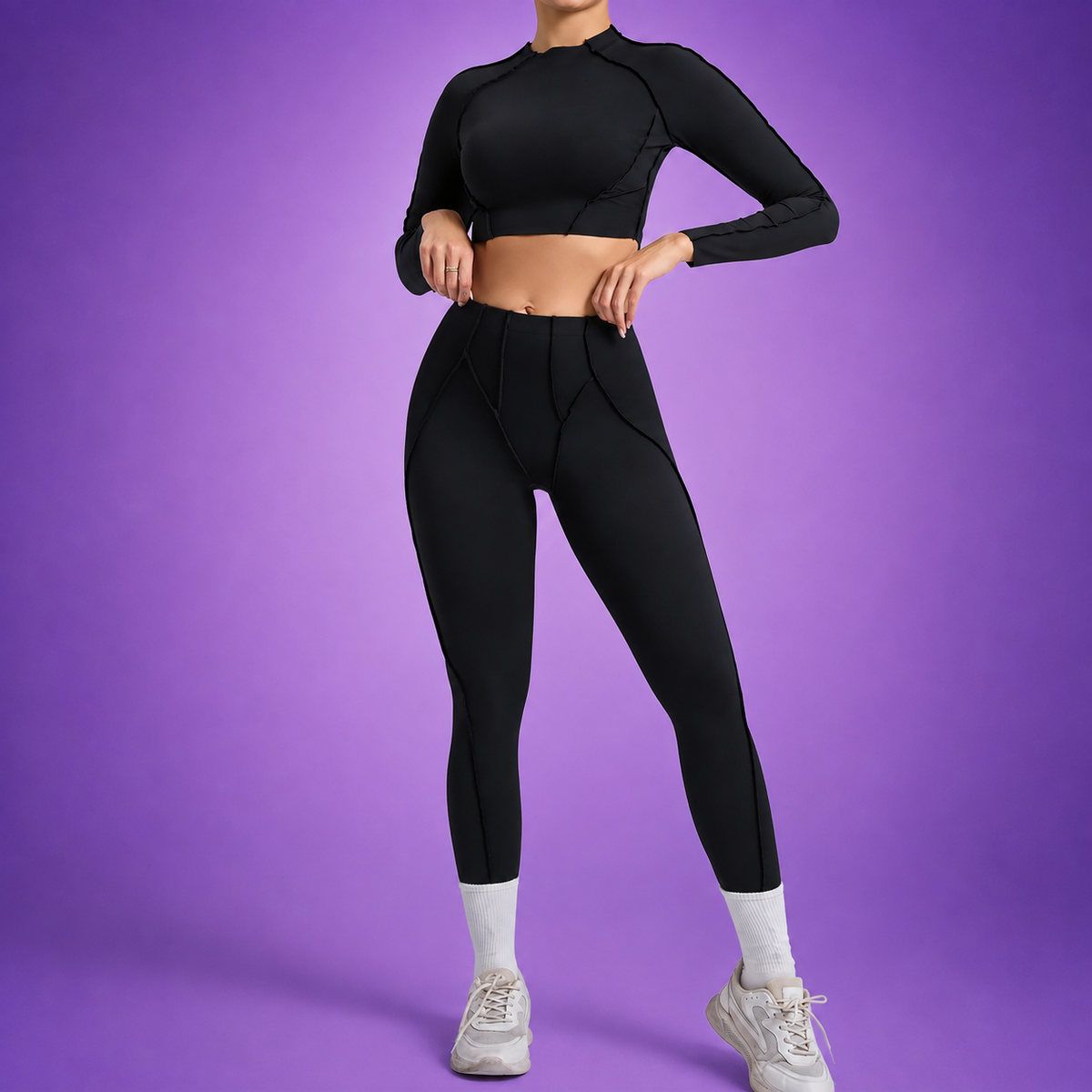 Women's Sculpting Activewear Set – Long Sleeve Crop Top & High-Waisted Leggings |