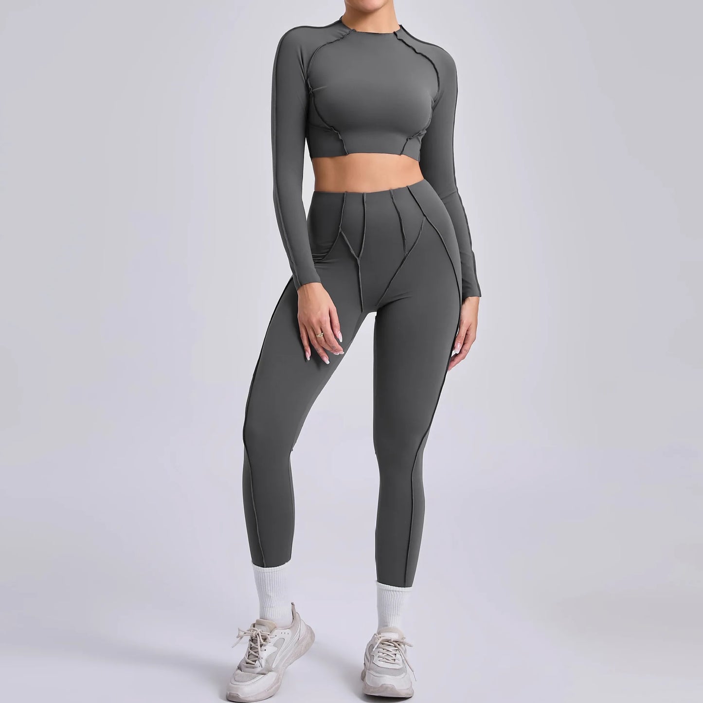 Women's Sculpting Activewear Set – Long Sleeve Crop Top & High-Waisted Leggings |