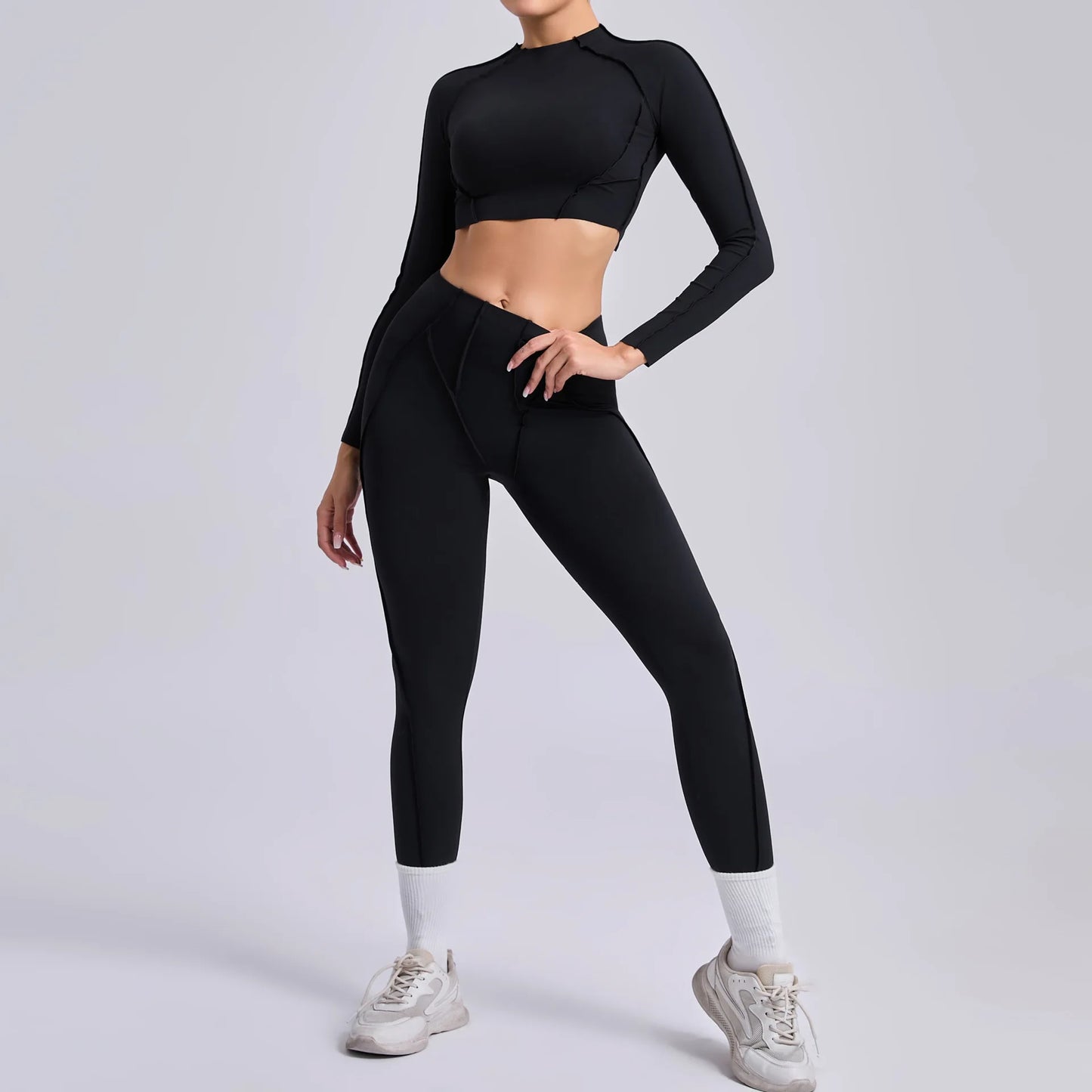 Women's Sculpting Activewear Set – Long Sleeve Crop Top & High-Waisted Leggings |